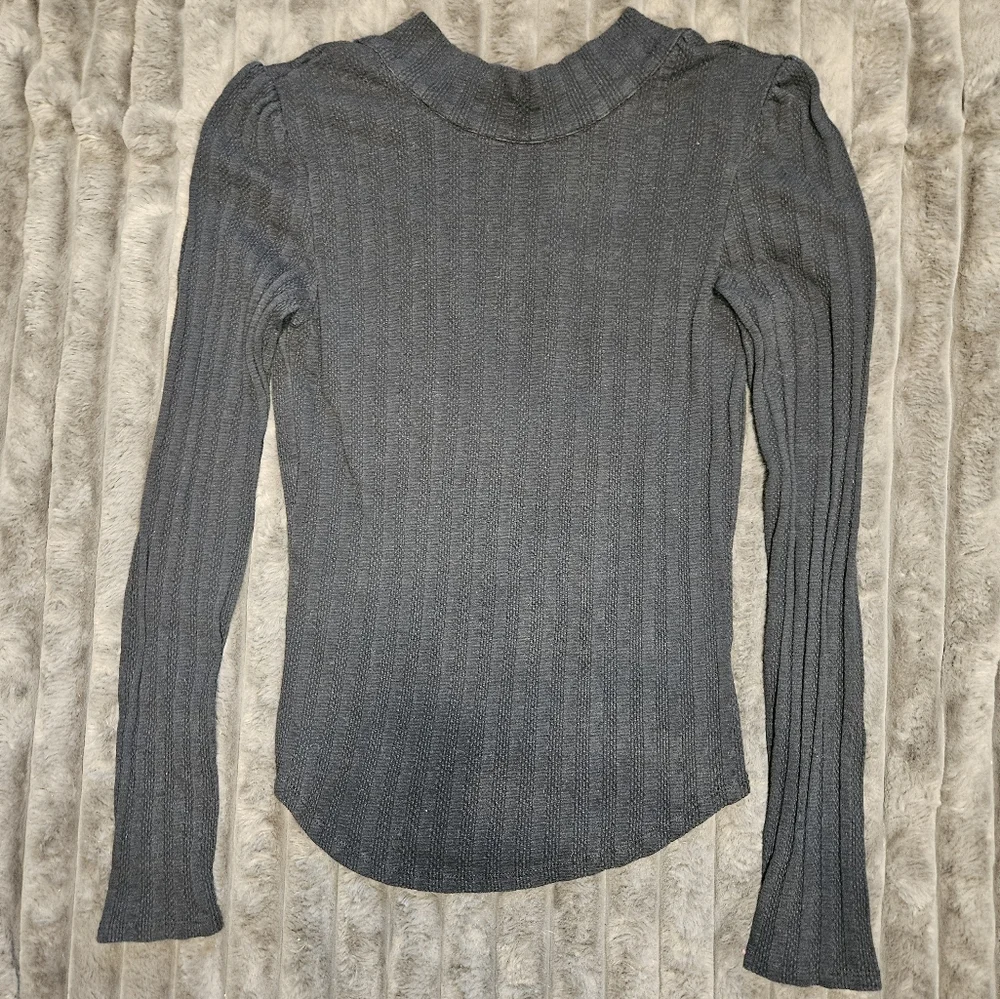 Free People Party In Back Black Ribbed Long Sleeve Blouse With Scarf Neck Detail
